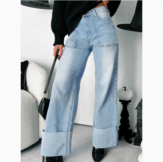 Ladies Retro High Waist Foot Folding Heavy Industry Wash Straight Micro Elastic Denim Trousers - Yara fashion Yara fashion 48.99
