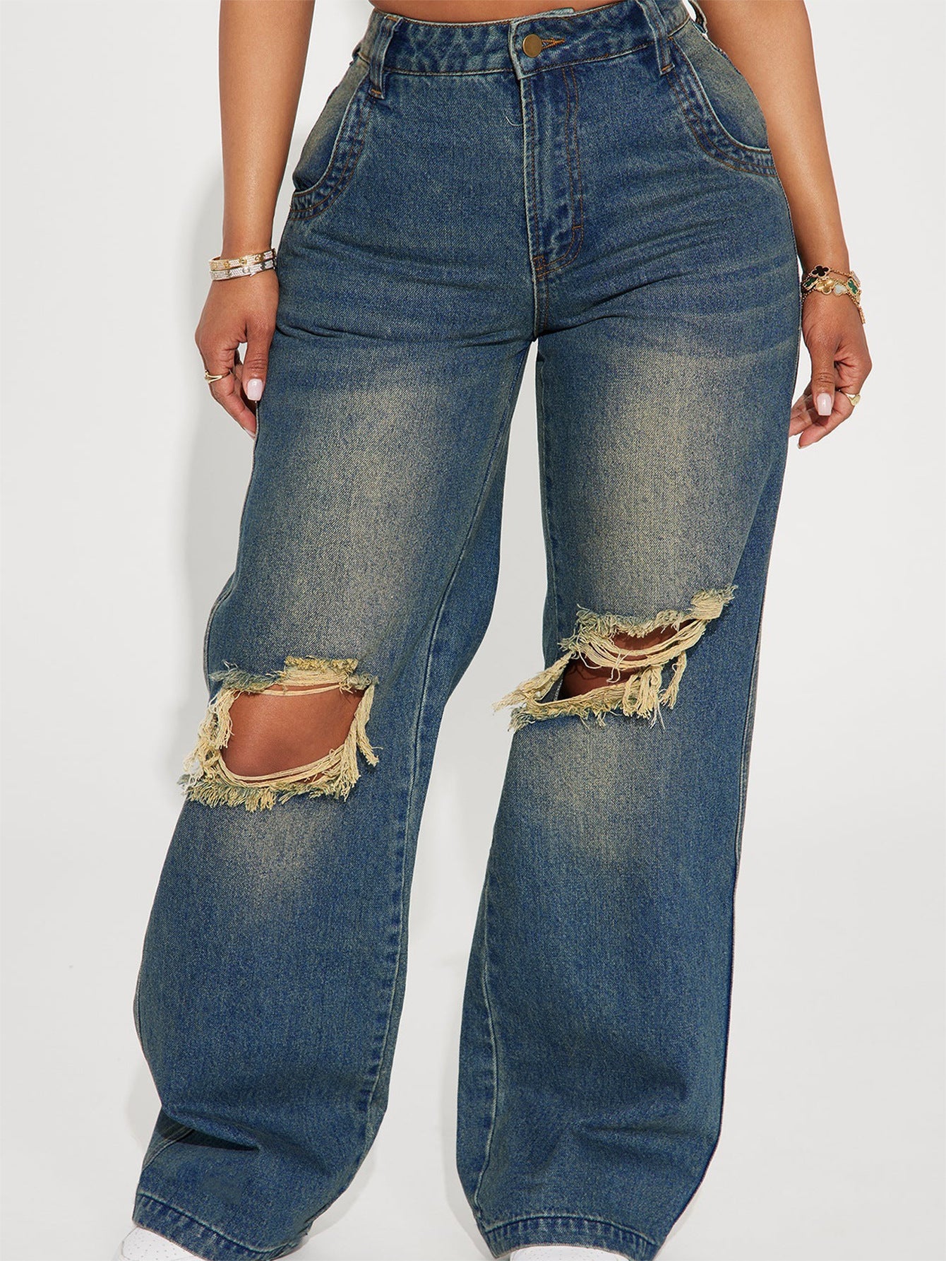 Women Retro Heavy Duty Washed Knee Ripped Wide Leg Denim Trousers - Yara fashion Yara fashion 44.99