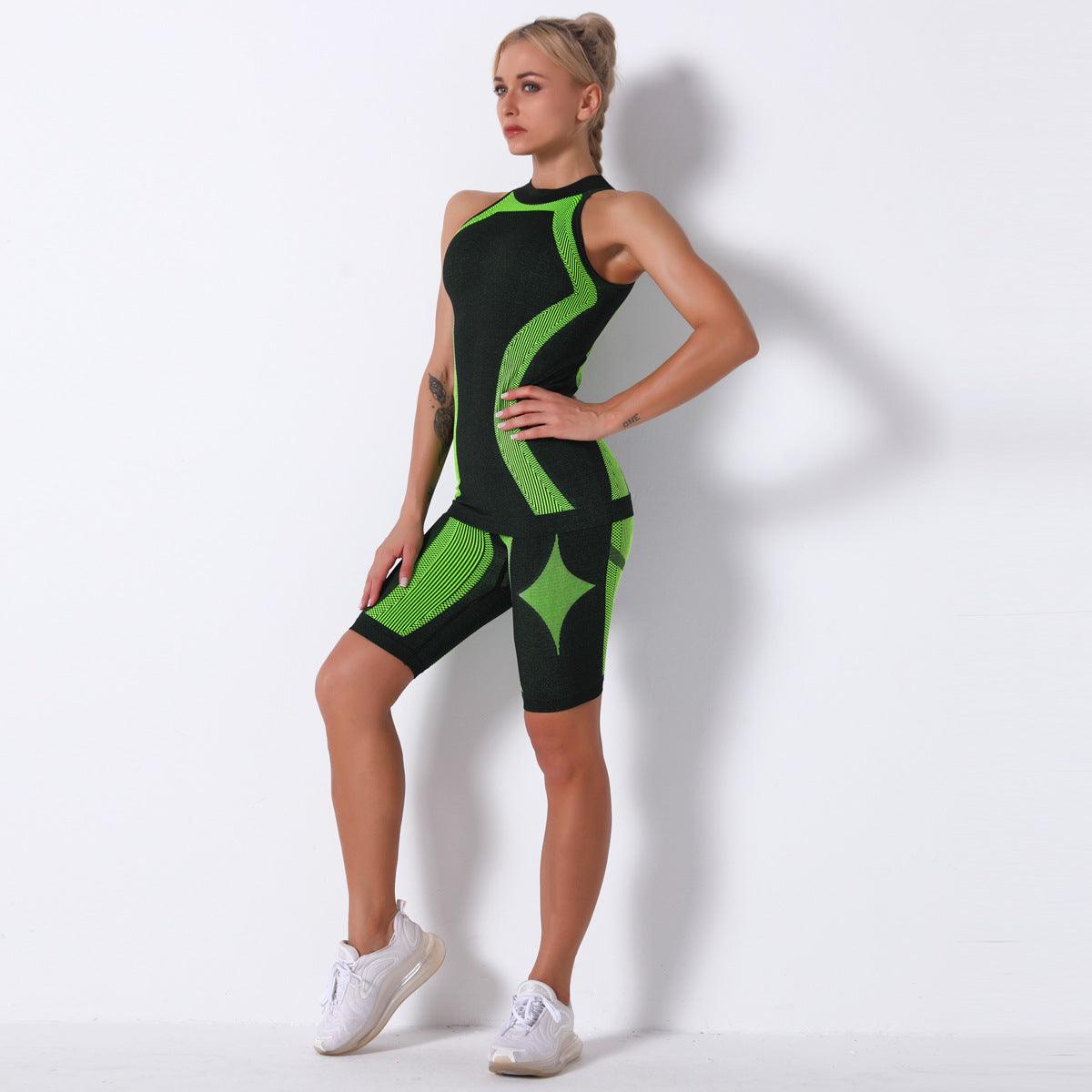 Seamless Knitted Moisture Wicking Stripes Vest Shorts Set Yoga Pants Exercise Workout Pants - Yara fashion Yara fashion 46.99
