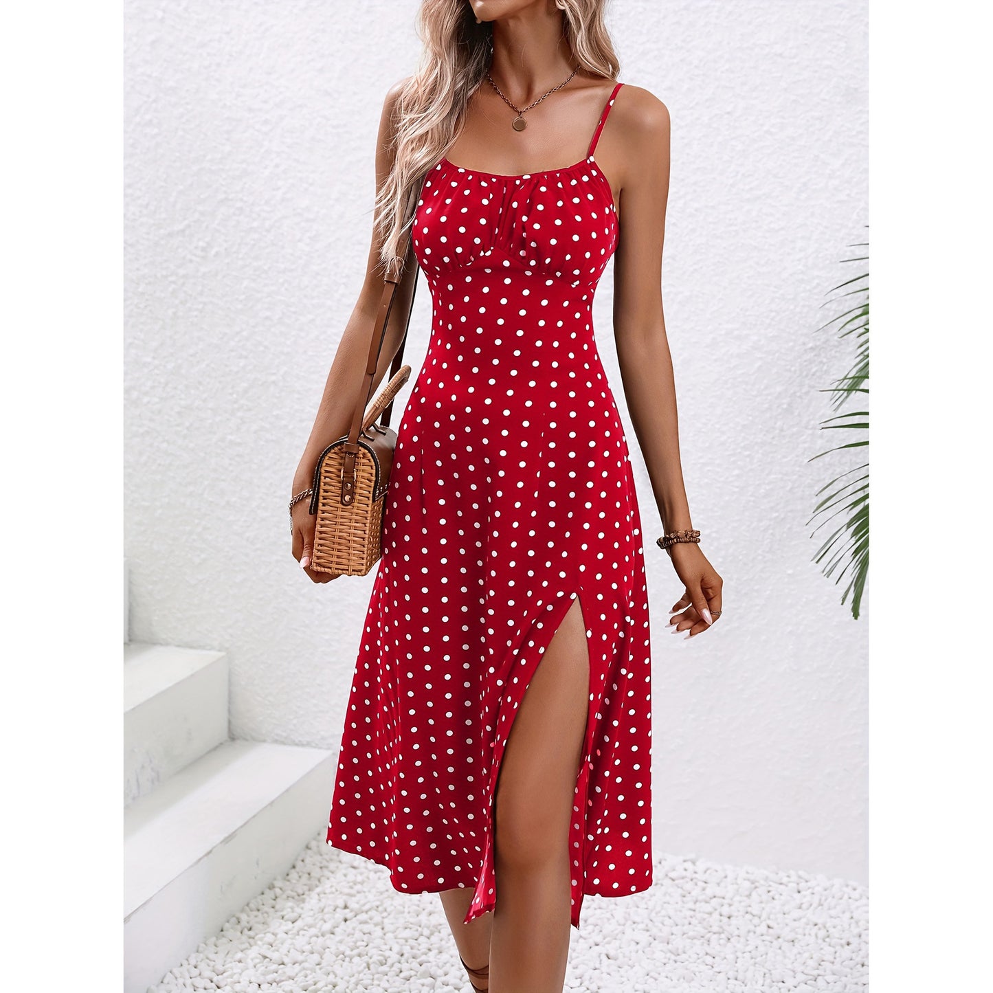 New Polka Dot Print Suspender Dress Summer Sexy Split Long Dresses For Womens Clothing - Yara fashion 0 Yara fashion 25.00