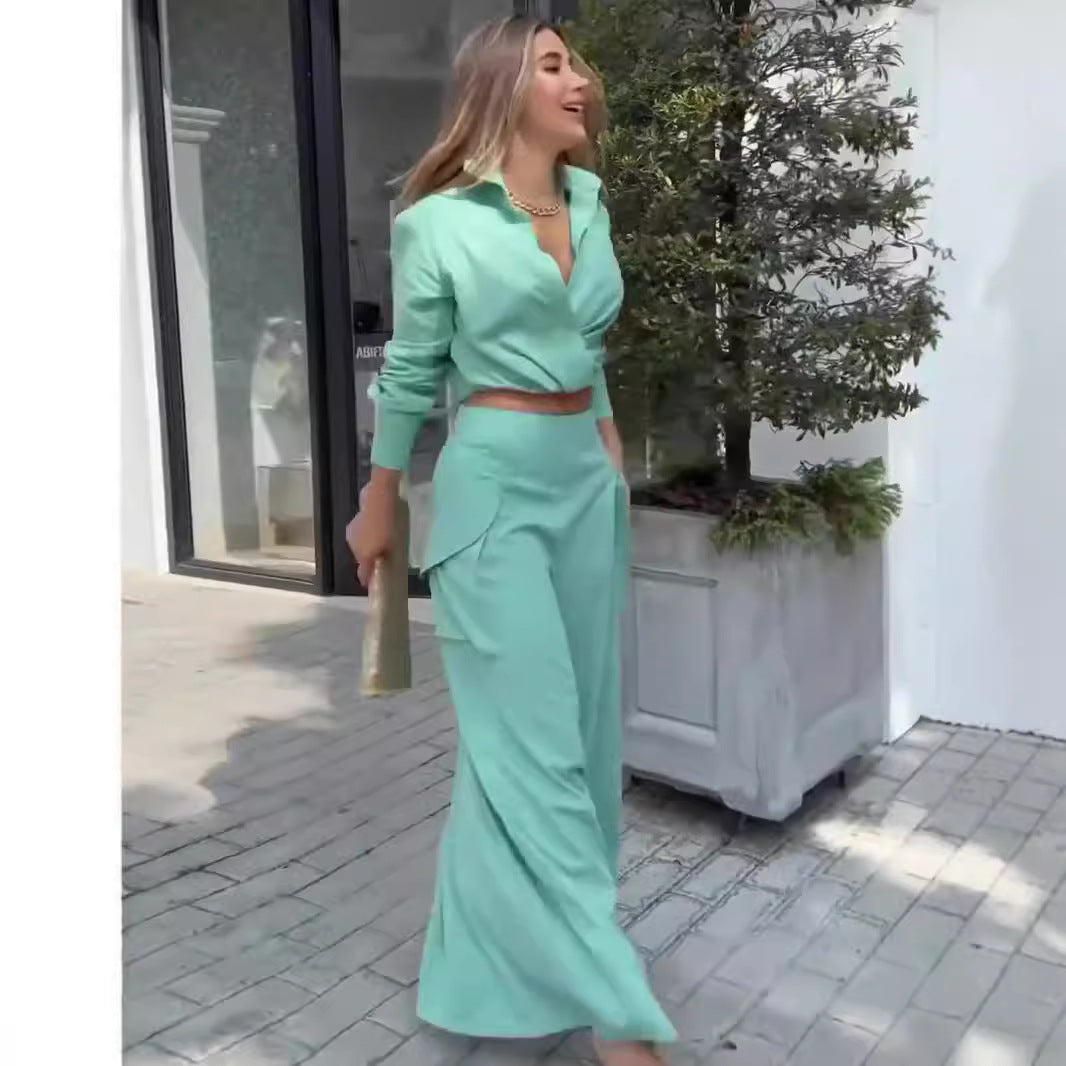 Summer Elegant Long Sleeve Top Wide Leg Pants Two Piece Set Women Clothing - Yara fashion Yara fashion 51.99