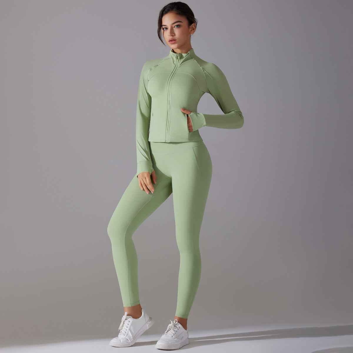 Celebrity Yoga Clothes Trendy Push up Long Sleeve Solid Color Slim Elastic Zipper Workout Clothes Running Training Sports Set - Yara fashion Yara fashion 45.99