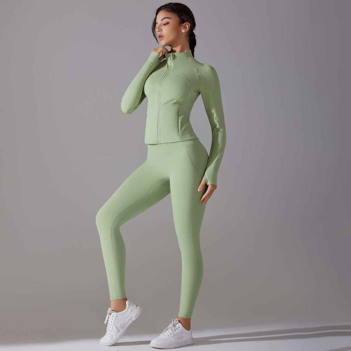 Celebrity Yoga Clothes Trendy Push up Long Sleeve Solid Color Slim Elastic Zipper Workout Clothes Running Training Sports Set - Yara fashion Yara fashion 45.99