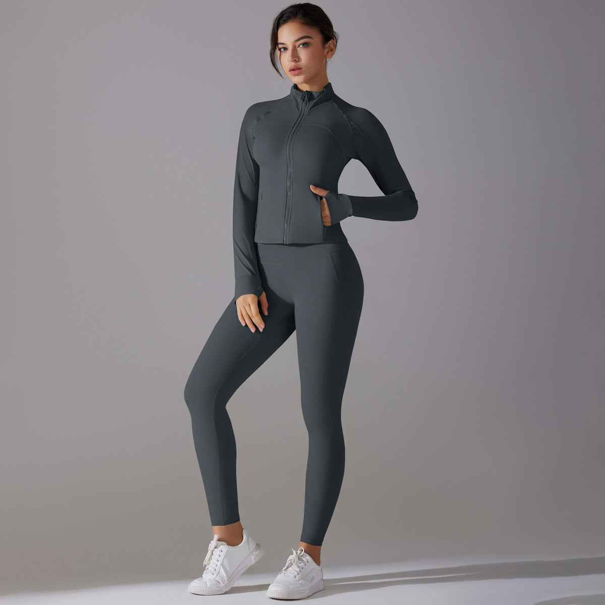 Celebrity Yoga Clothes Trendy Push up Long Sleeve Solid Color Slim Elastic Zipper Workout Clothes Running Training Sports Set - Yara fashion Yara fashion 45.99