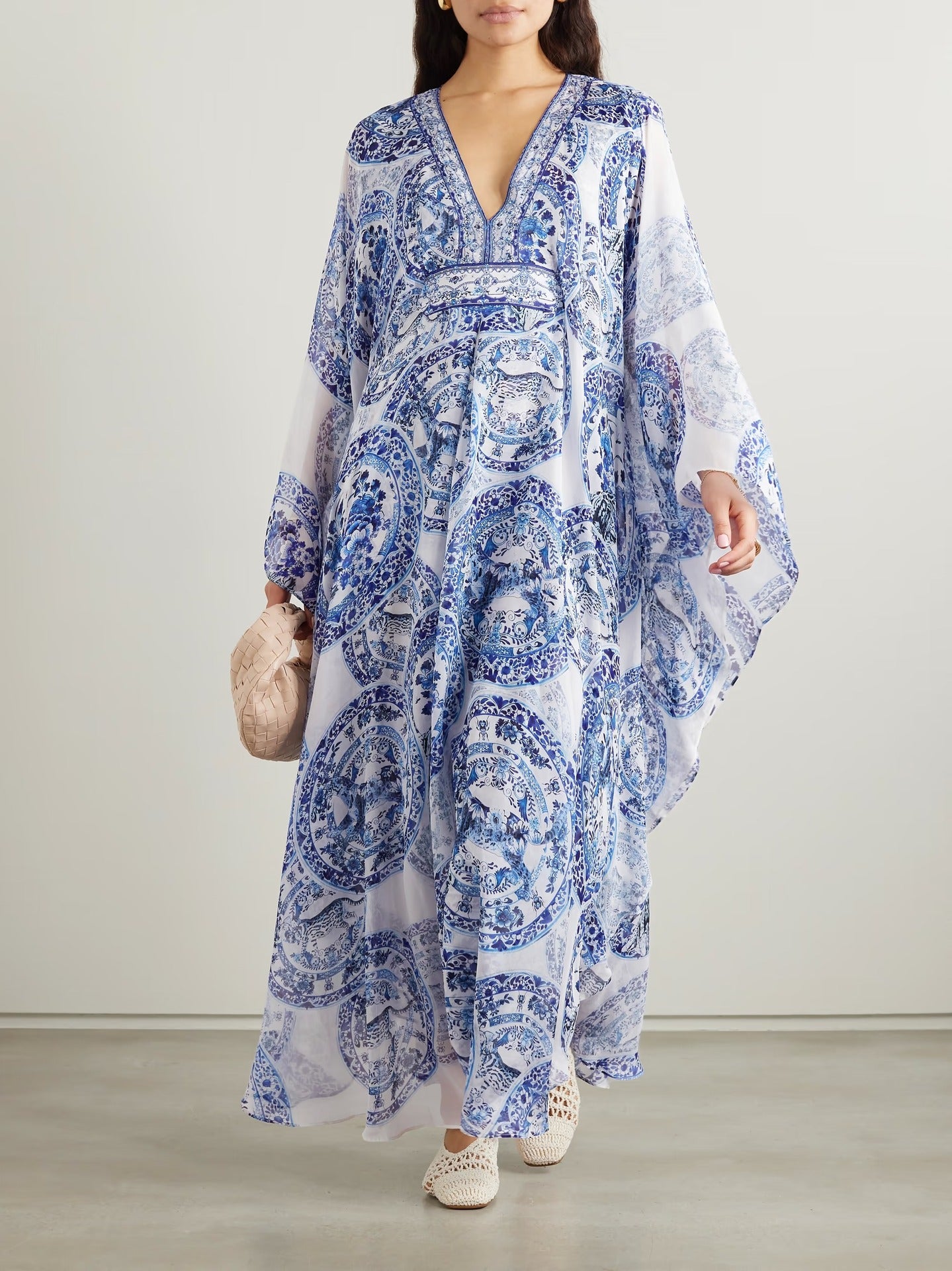 Summer Blue White Porcelain Printed Looseb Fitting V neck Dress Women - Yara fashion Yara fashion 33.99
