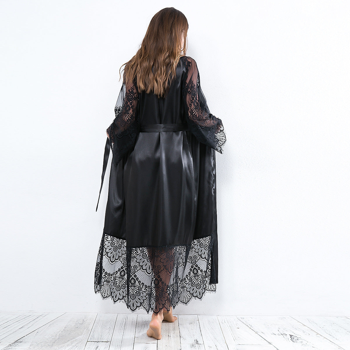 Hollow Out Cutout out satin lace Long Sleeve Nightgown Bathrobe - Yara fashion  69135185 Hollow Out Cutout out satin lace Long Sleeve Nightgown Bathrobe 