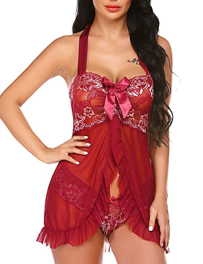 Sexy Lingerie plus Size Sexy Lace Stitching Mesh Transparent Halter Bow Ultra Short Pajamas - Yara fashion  54469314 Sexy Lingerie plus Size Sexy Lace Stitching Mesh Transparent Halter Bow Ultra Short Pajamas 