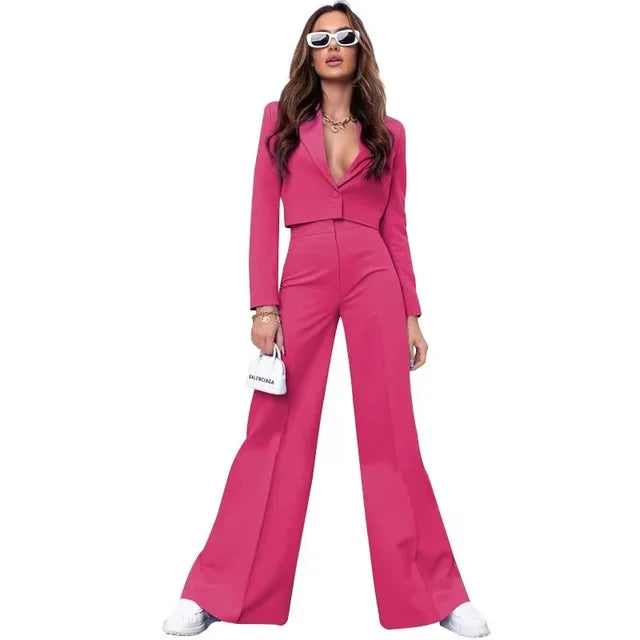 2024 Spring Elegant Short Top Pant Sets Women Lapel Long Sleeve Button Crop Tops Female 2 Piece Pink Set Wide Leg Pants Outfit - Yara fashion  3235280 2024 Spring Elegant Short Top Pant Sets Women Lapel Long Sleeve Button Crop Tops Female 2 Piece Pink Set Wide Leg Pants Outfit 