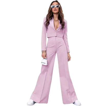 2024 Spring Elegant Short Top Pant Sets Women Lapel Long Sleeve Button Crop Tops Female 2 Piece Pink Set Wide Leg Pants Outfit - Yara fashion  45486303 2024 Spring Elegant Short Top Pant Sets Women Lapel Long Sleeve Button Crop Tops Female 2 Piece Pink Set Wide Leg Pants Outfit 