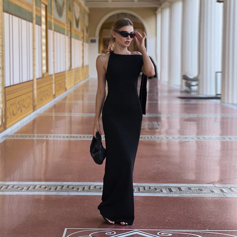 One-shoulder Ribbon Long Dress Ins Fashion Slim Sleeveless Dresses For Evening Party Club Clothing Women - Yara fashion 0 Yara fashion 25.47
