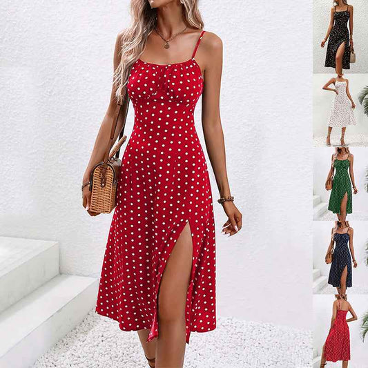 New Polka Dot Print Suspender Dress Summer Sexy Split Long Dresses For Womens Clothing - Yara fashion 0 Yara fashion 25.00