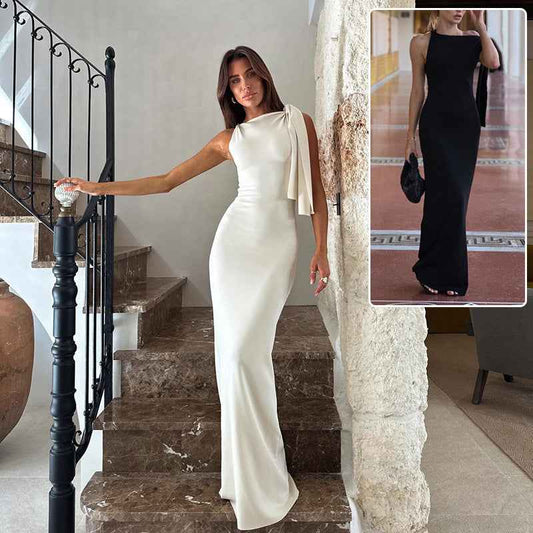 One-shoulder Ribbon Long Dress Ins Fashion Slim Sleeveless Dresses For Evening Party Club Clothing Women - Yara fashion 0 Yara fashion 25.47