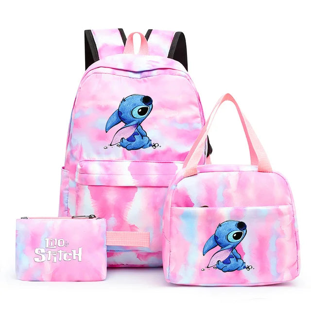 3pcs Disney Lilo Stitch Colorful Backpack with Lunch Bag Rucksack Casual School Bags for Boys Girls Women Student Teenagers Sets