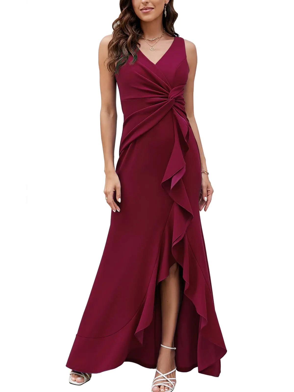 FQA Elegant Winered V-Neck Evening Gown