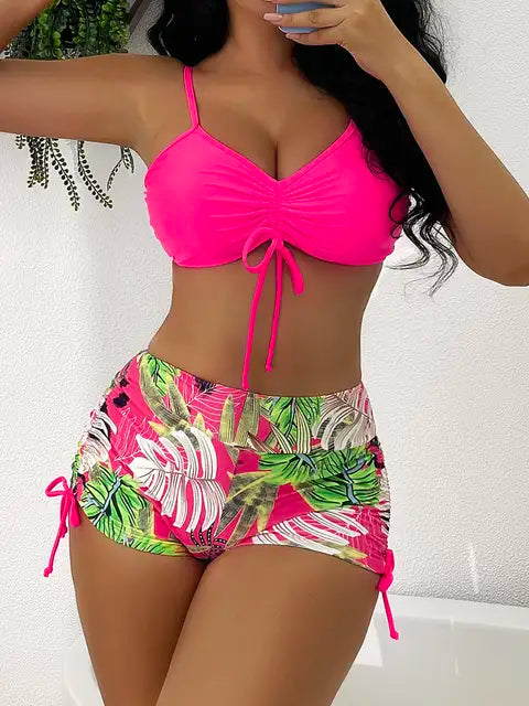 Drawstring Front Shorts Bikinis 2024 High Waist Swimsuit Women Swimwear Female Bathers Bathing Swimming Swim Suit Beachwear - Yara fashion  9832489 Drawstring Front Shorts Bikinis 2024 High Waist Swimsuit Women Swimwear Female Bathers Bathing Swimming Swim Suit Beachwear 