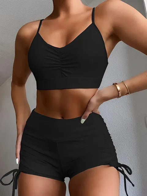 Drawstring Front Shorts Bikinis 2024 High Waist Swimsuit Women Swimwear Female Bathers Bathing Swimming Swim Suit Beachwear - Yara fashion  30395657 Drawstring Front Shorts Bikinis 2024 High Waist Swimsuit Women Swimwear Female Bathers Bathing Swimming Swim Suit Beachwear 