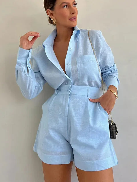 Fashion Button Pockets Short Pant Women's Sets Elegant Lapel Long Sleeves 2 Pieces Outfit 2024 Vacation New In Matching Sets - Yara fashion  21474780 Fashion Button Pockets Short Pant Women's Sets Elegant Lapel Long Sleeves 2 Pieces Outfit 2024 Vacation New In Matching Sets 