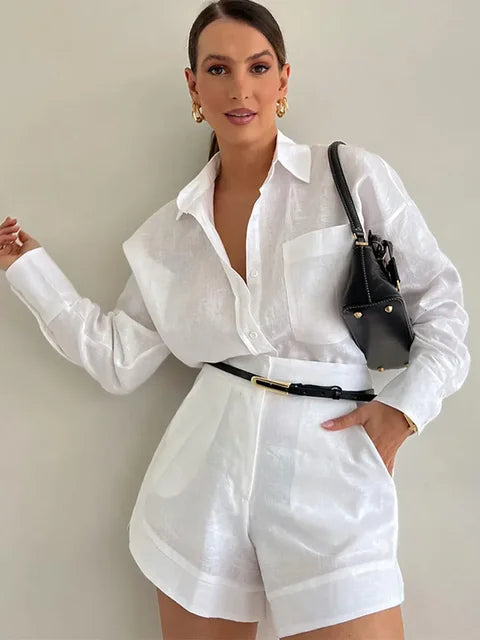 Fashion Button Pockets Short Pant Women's Sets Elegant Lapel Long Sleeves 2 Pieces Outfit 2024 Vacation New In Matching Sets - Yara fashion  39453661 Fashion Button Pockets Short Pant Women's Sets Elegant Lapel Long Sleeves 2 Pieces Outfit 2024 Vacation New In Matching Sets 