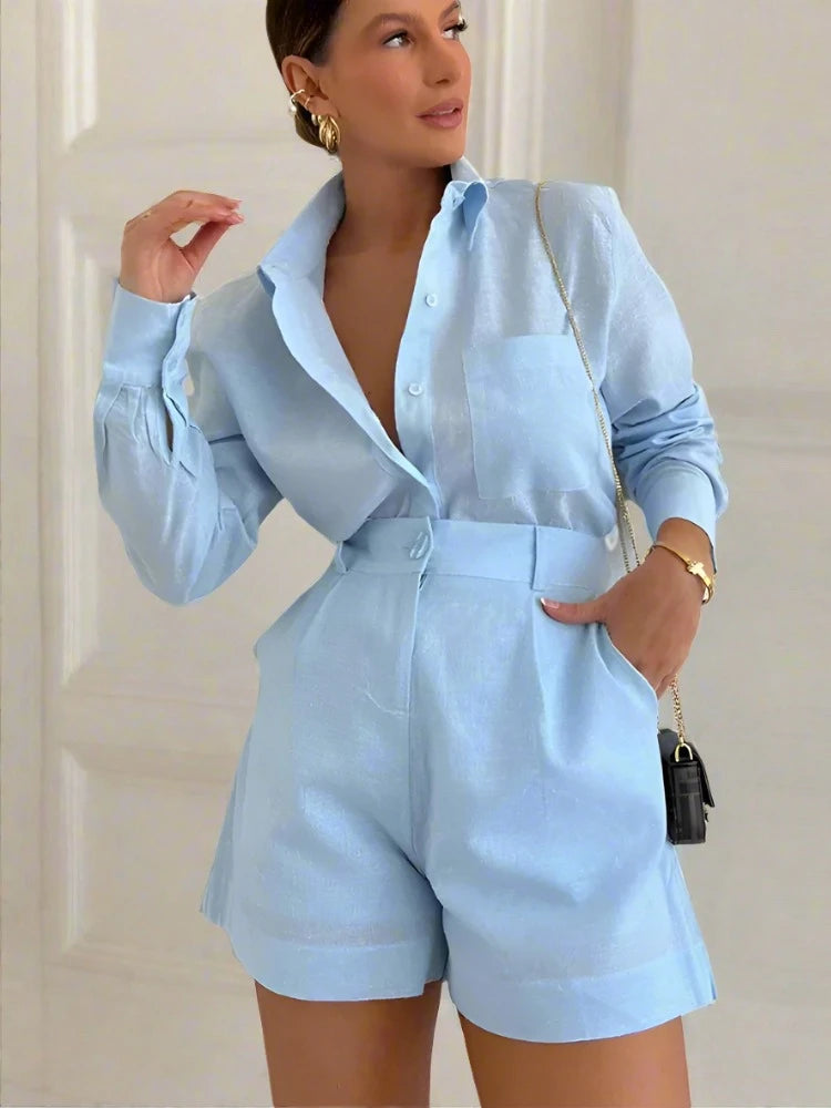 Fashion Button Pockets Short Pant Women's Sets Elegant Lapel Long Sleeves 2 Pieces Outfit 2024 Vacation New In Matching Sets - Yara fashion  21945826 Fashion Button Pockets Short Pant Women's Sets Elegant Lapel Long Sleeves 2 Pieces Outfit 2024 Vacation New In Matching Sets 