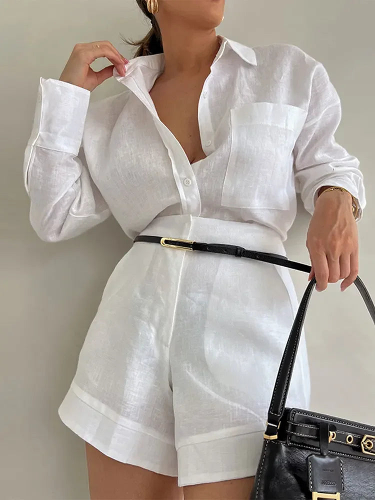 Fashion Button Pockets Short Pant Women's Sets Elegant Lapel Long Sleeves 2 Pieces Outfit 2024 Vacation New In Matching Sets - Yara fashion  35535017 Fashion Button Pockets Short Pant Women's Sets Elegant Lapel Long Sleeves 2 Pieces Outfit 2024 Vacation New In Matching Sets 