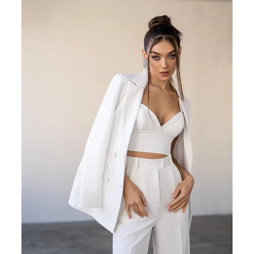 High Quality Elegant Woman Pants Suit White Fashion Notch Lapel Double Breasted 2 Piece Formal Casual Office Lady Pants Sets