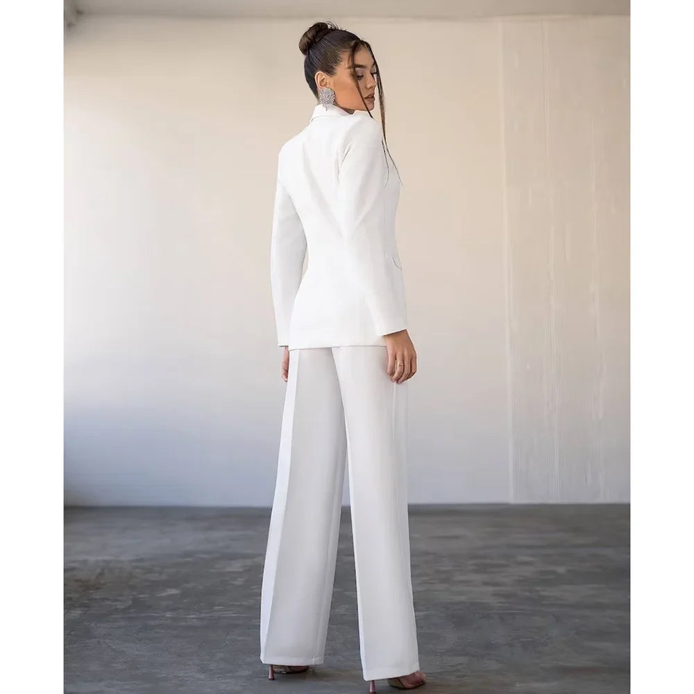 High Quality Elegant Woman Pants Suit White Fashion Notch Lapel Double Breasted 2 Piece Formal Casual Office Lady Pants Sets