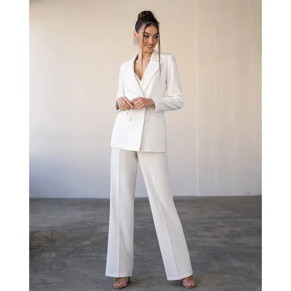 High Quality Elegant Woman Pants Suit White Fashion Notch Lapel Double Breasted 2 Piece Formal Casual Office Lady Pants Sets