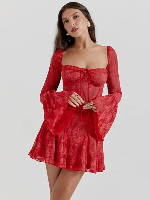 Lace Flare Sleeve High Waist Mini Dress Women Square Collar Low Cut Backless Pleated Dresses 2024 Sexy Fashion Party Club Robes - Yara fashion  26710388 Lace Flare Sleeve High Waist Mini Dress Women Square Collar Low Cut Backless Pleated Dresses 2024 Sexy Fashion Party Club Robes 