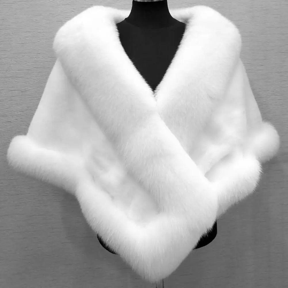 White luxury faux fur poncho with fluffy shawl design, ideal for weddings, evening dresses, and winter events.