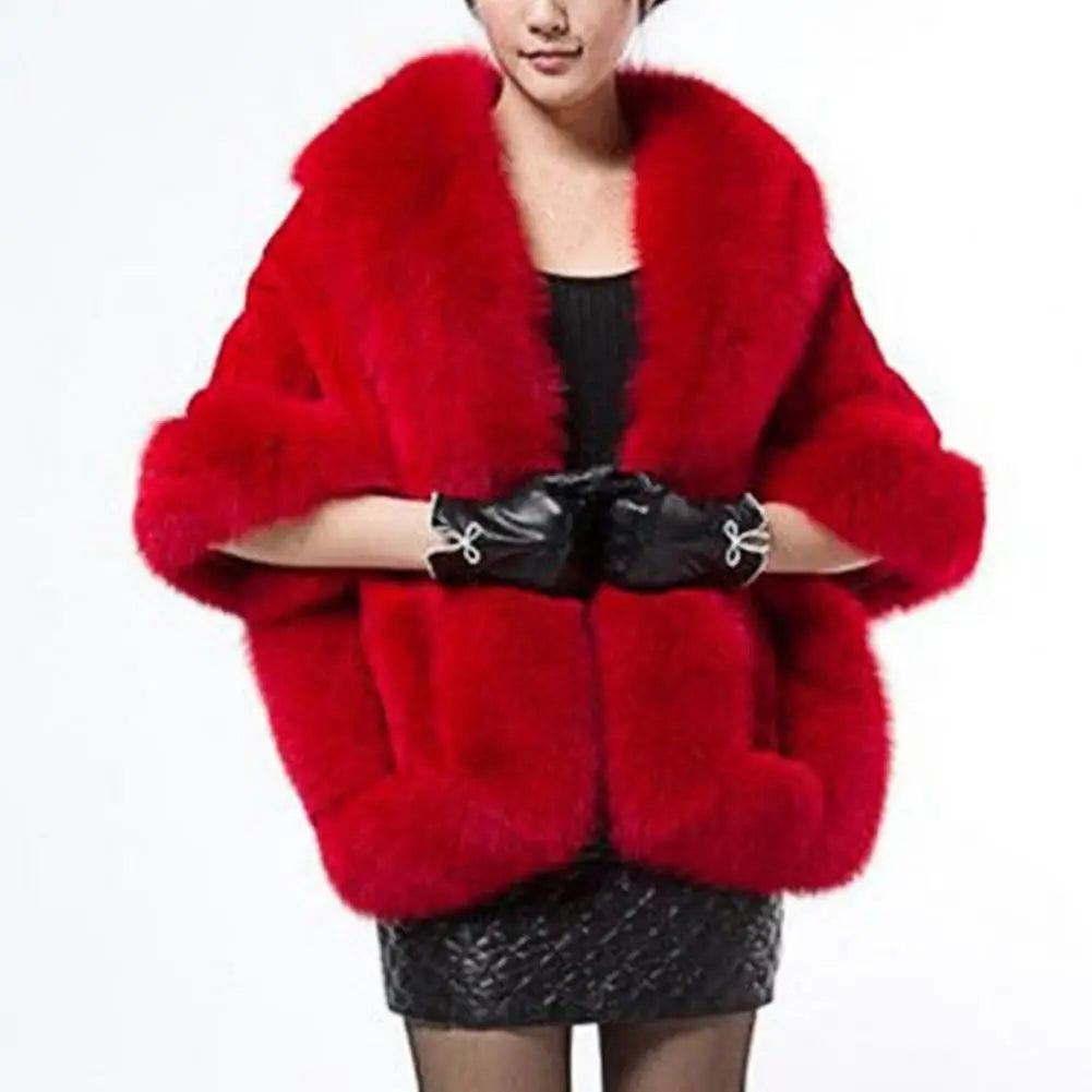 Red luxury faux fur poncho with plush shawl design, perfect for formal occasions, weddings, and winter wear.