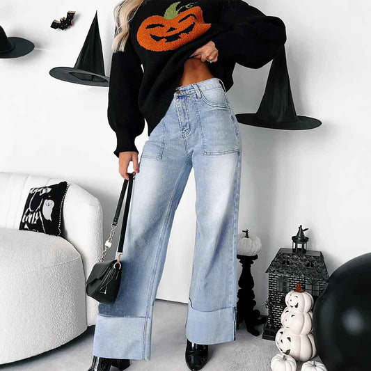 Ladies Retro High Waist Foot Folding Heavy Industry Wash Straight Micro Elastic Denim Trousers - Yara fashion Yara fashion 48.99