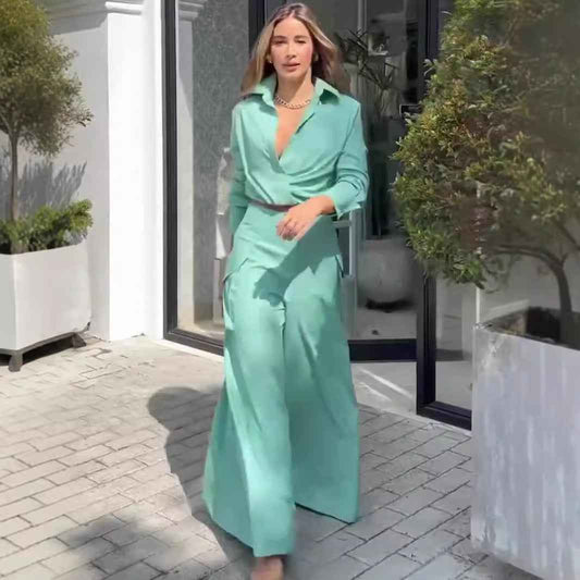 Summer Elegant Long Sleeve Top Wide Leg Pants Two Piece Set Women Clothing - Yara fashion Yara fashion 51.99