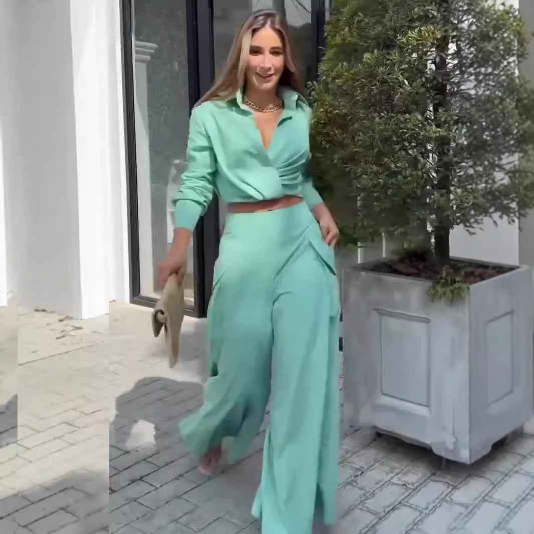 Summer Elegant Long Sleeve Top Wide Leg Pants Two Piece Set Women Clothing - Yara fashion Yara fashion 51.99