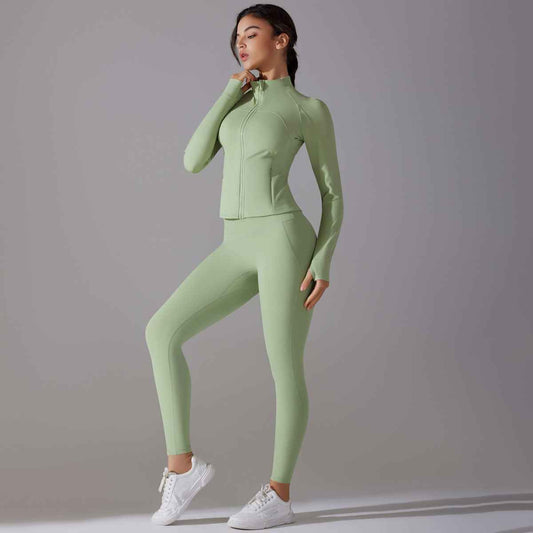 Celebrity Yoga Clothes Trendy Push up Long Sleeve Solid Color Slim Elastic Zipper Workout Clothes Running Training Sports Set - Yara fashion Yara fashion 45.99