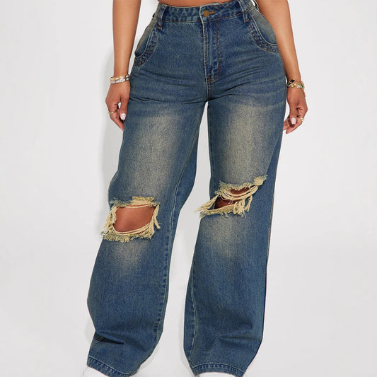 Women Retro Heavy Duty Washed Knee Ripped Wide Leg Denim Trousers - Yara fashion Yara fashion 44.99