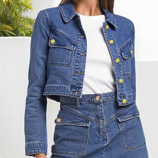 Jacket Coat Women Bag Cover Decorative Multi Button Denim Collared Short Top - Yara fashion Yara fashion 44.99