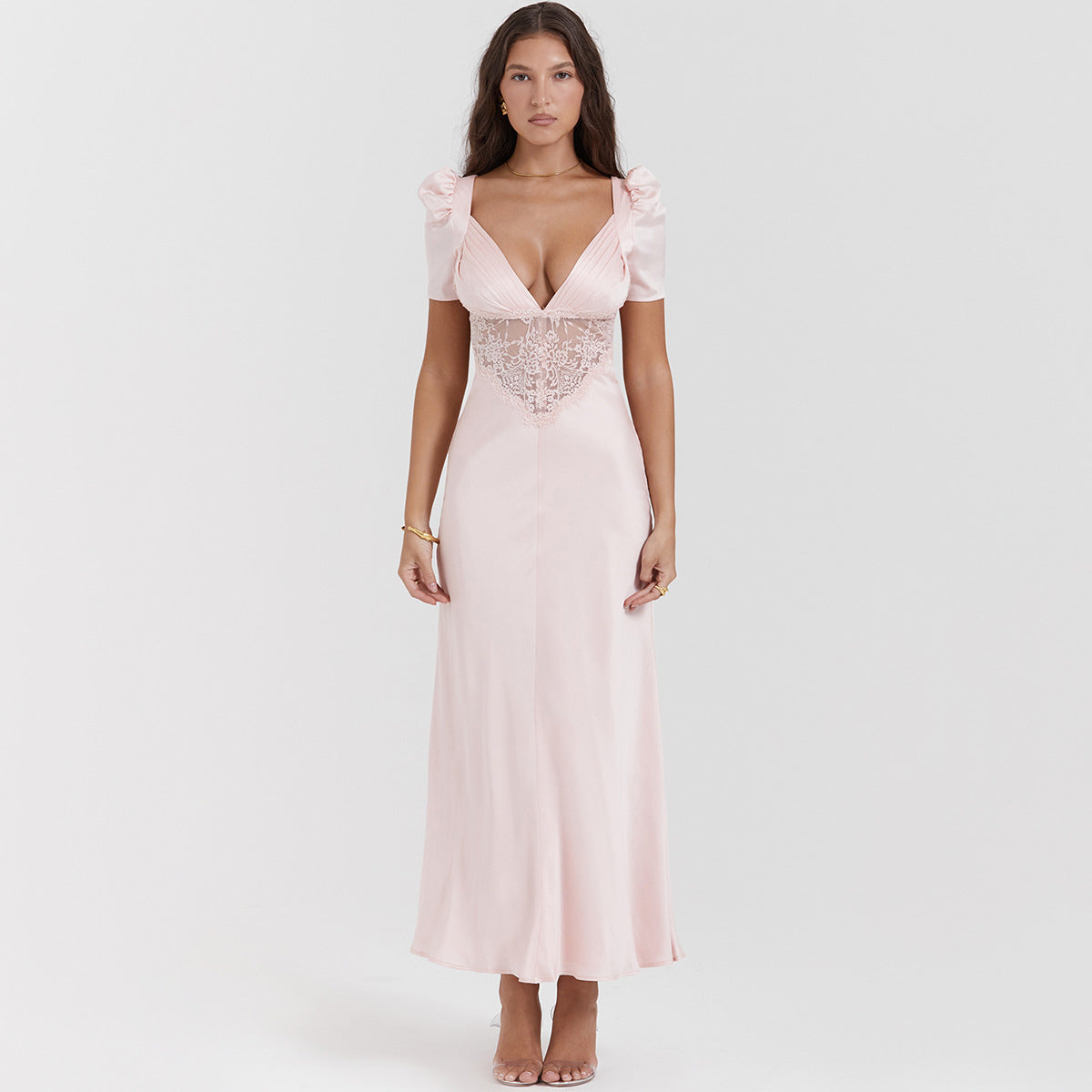 European And American Deep V Lace Stitching Midriff Outfit Long Dress Dopamine Wear - Yara fashion  81857932 European And American Deep V Lace Stitching Midriff Outfit Long Dress Dopamine Wear 