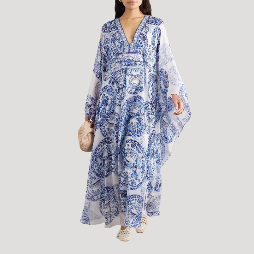 Summer Blue White Porcelain Printed Looseb Fitting V neck Dress Women - Yara fashion Yara fashion 33.99