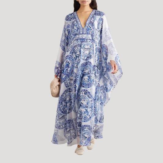 Summer Blue White Porcelain Printed Looseb Fitting V neck Dress Women - Yara fashion Yara fashion 33.99