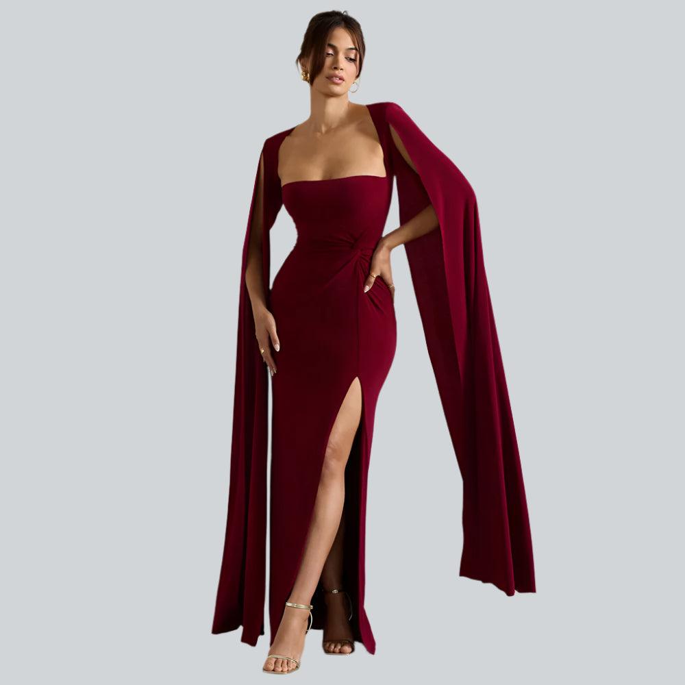 Dress Square Collar Mop Long Sleeve High Slit Solid Color Sexy Dress