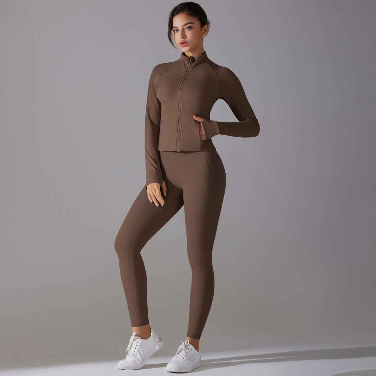 Celebrity Yoga Clothes Trendy Push up Long Sleeve Solid Color Slim Elastic Zipper Workout Clothes Running Training Sports Set - Yara fashion Yara fashion 45.99