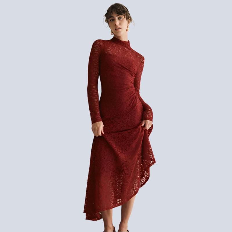 Women Lace Stitching Pleated Slim Fit Long Sleeve Oblique Strap Inner Dress