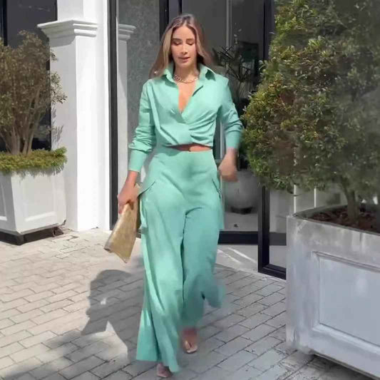 Summer Elegant Long Sleeve Top Wide Leg Pants Two Piece Set Women Clothing - Yara fashion Yara fashion 51.99