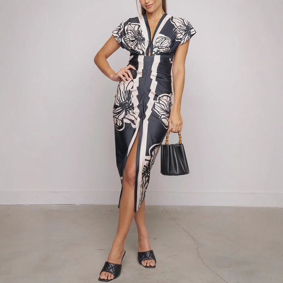 Summer Women Clothing Floral Print Slit Sexy Low Cut V neck Hip Dress - Yara fashion Yara fashion 34.99