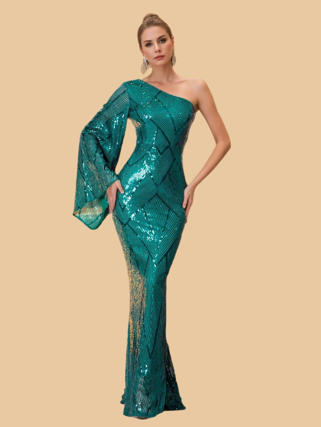 One Shoulder Long Flare Sleeve Women's Evening Party Gold Green Sequined Maxi Dress Prom Gown