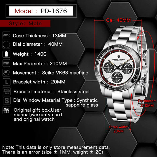 PAGANI DESIGN 2024 New Men's Watches Luxury Quartz Wristwatch for men Retro sports Chronograph Japan VK63 Sapphire glass Clock