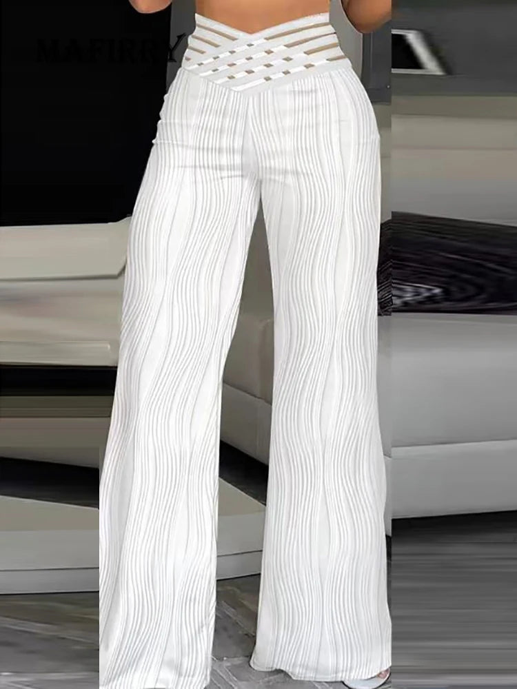 Strecth Patchwork Elastic Waist Long Pants Women Summer Streetwear Loose Solid Pants Femme Party Hollow Out White Black Trousers - Yara fashion  3820830 Strecth Patchwork Elastic Waist Long Pants Women Summer Streetwear Loose Solid Pants Femme Party Hollow Out White Black Trousers 