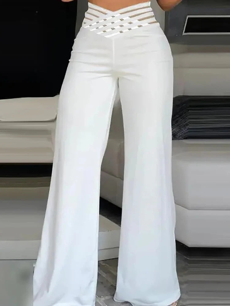 Strecth Patchwork Elastic Waist Long Pants Women Summer Streetwear Loose Solid Pants Femme Party Hollow Out White Black Trousers - Yara fashion  18359633 Strecth Patchwork Elastic Waist Long Pants Women Summer Streetwear Loose Solid Pants Femme Party Hollow Out White Black Trousers 