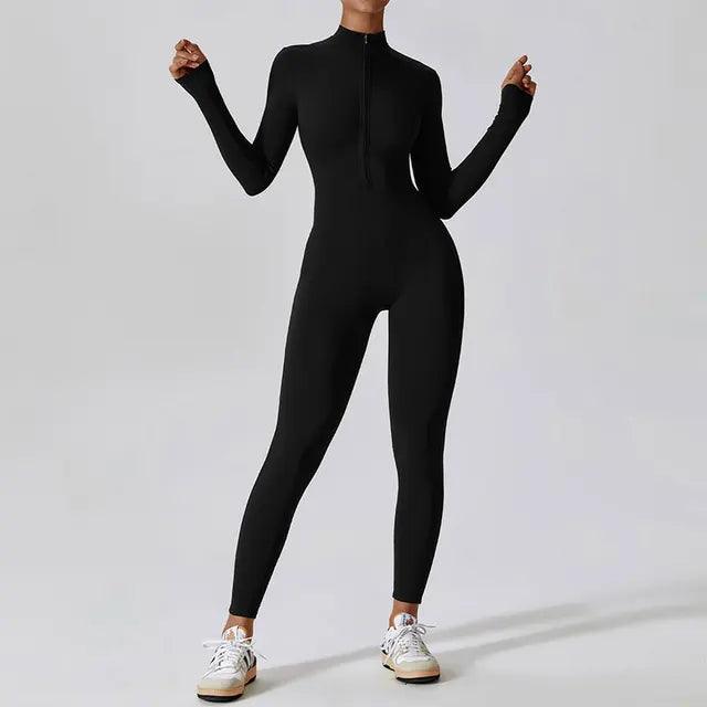 Women Jumpsuits One-Piece Suit Zipper Long Sleeved Yoga Set Gym Push Up