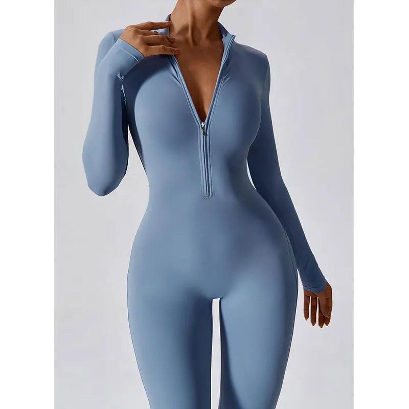 Women Jumpsuits One-Piece Suit Zipper Long Sleeved Yoga Set Gym Push Up